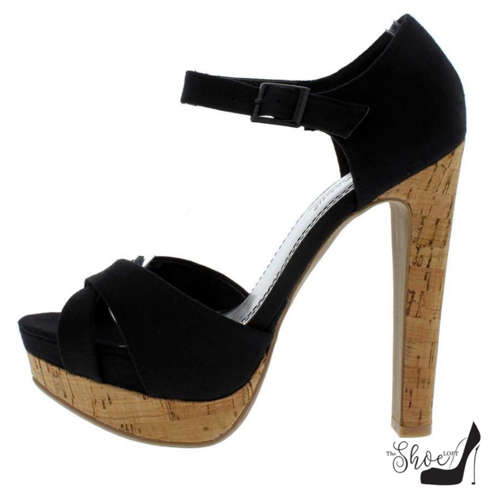 Lisa Black Linen Ankle Strap Cork Platforms